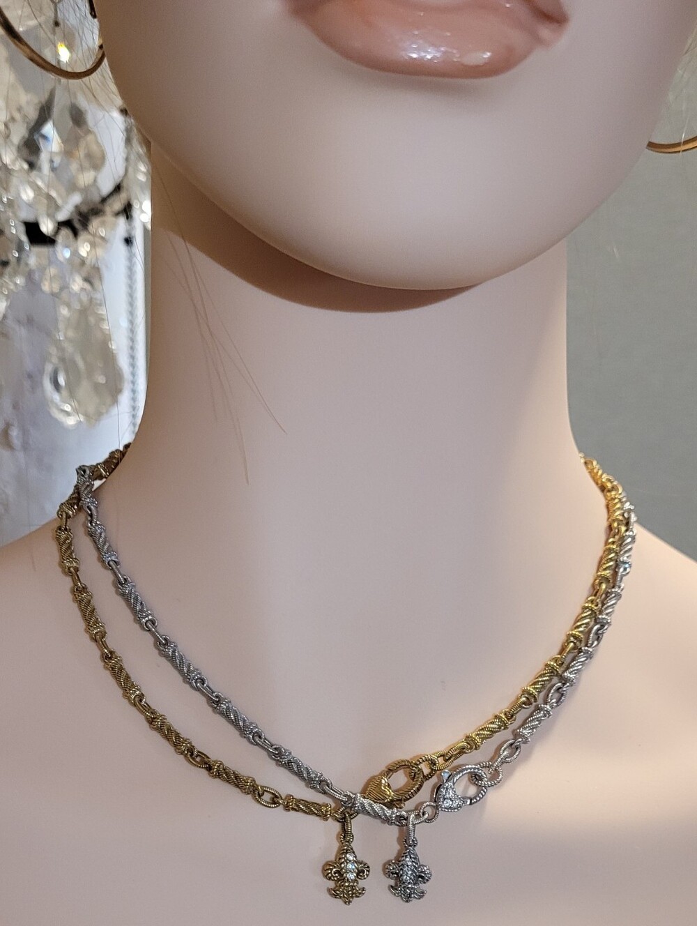 Judith Ripka 14k Gold Clad Oval Link Fleur-de-Lis Charm Necklace. Diamonique - Picture 4 of 12